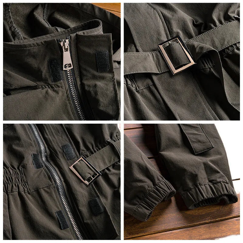 Men's workwear jumpsuit in army green with hooded top and ankle-tied legs, polyvinyl alcohol fibre fabric