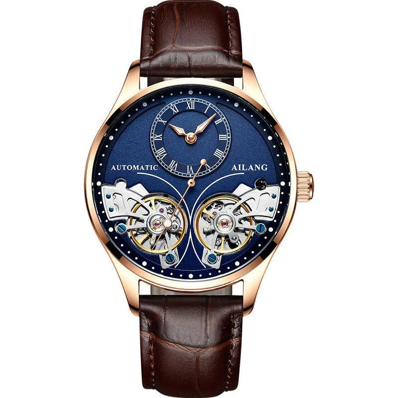 Automatic men's watch with tourbillon and moon phase on black steel strap
