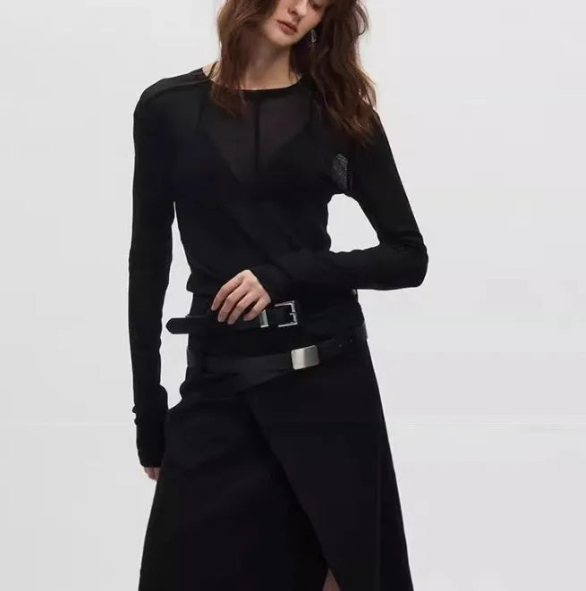 Black slim-fit mesh see-through long sleeve PU pullover on a hanger