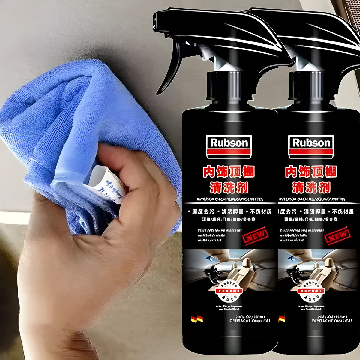 Bottle of wash free ultrasonic fabric roof cleaner with herb essence and oxidase for interior ceilings.