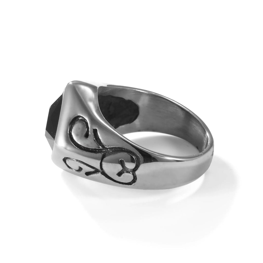Twisted stainless steel ring with polished finish and retro leaf style, shown in Picture Color