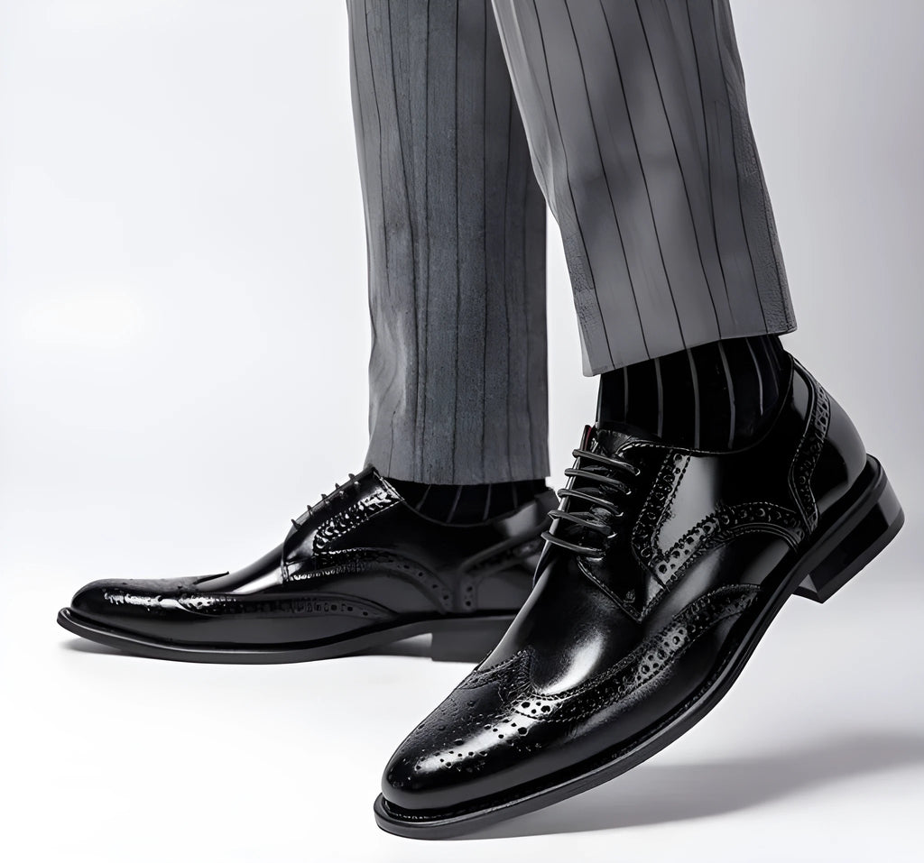 Men's genuine leather business casual dress shoes in black with two-layer cowhide upper and rubber sole