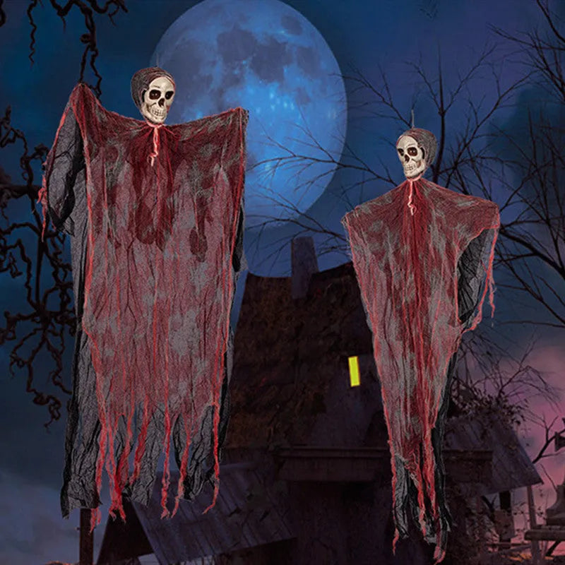 Halloween hanging ghost pendant with dyed blood skull face and wavy ghost clothes on a porch