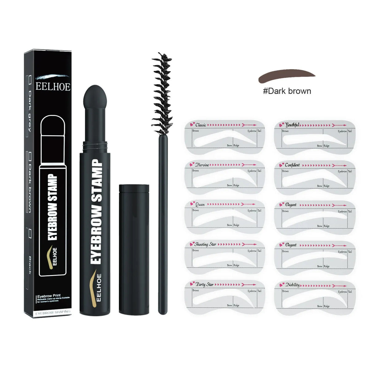 Eyebrow printing pen set with stencil, pencil and brush in Black, Dark Brown and Dark Gray, 3g