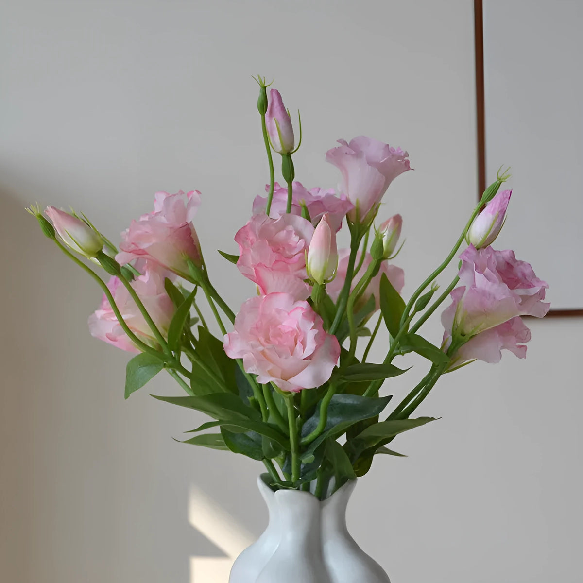 22cm artificial Eustoma stem with 3 silk flower heads in beige, pink, light lotus, purple or orange