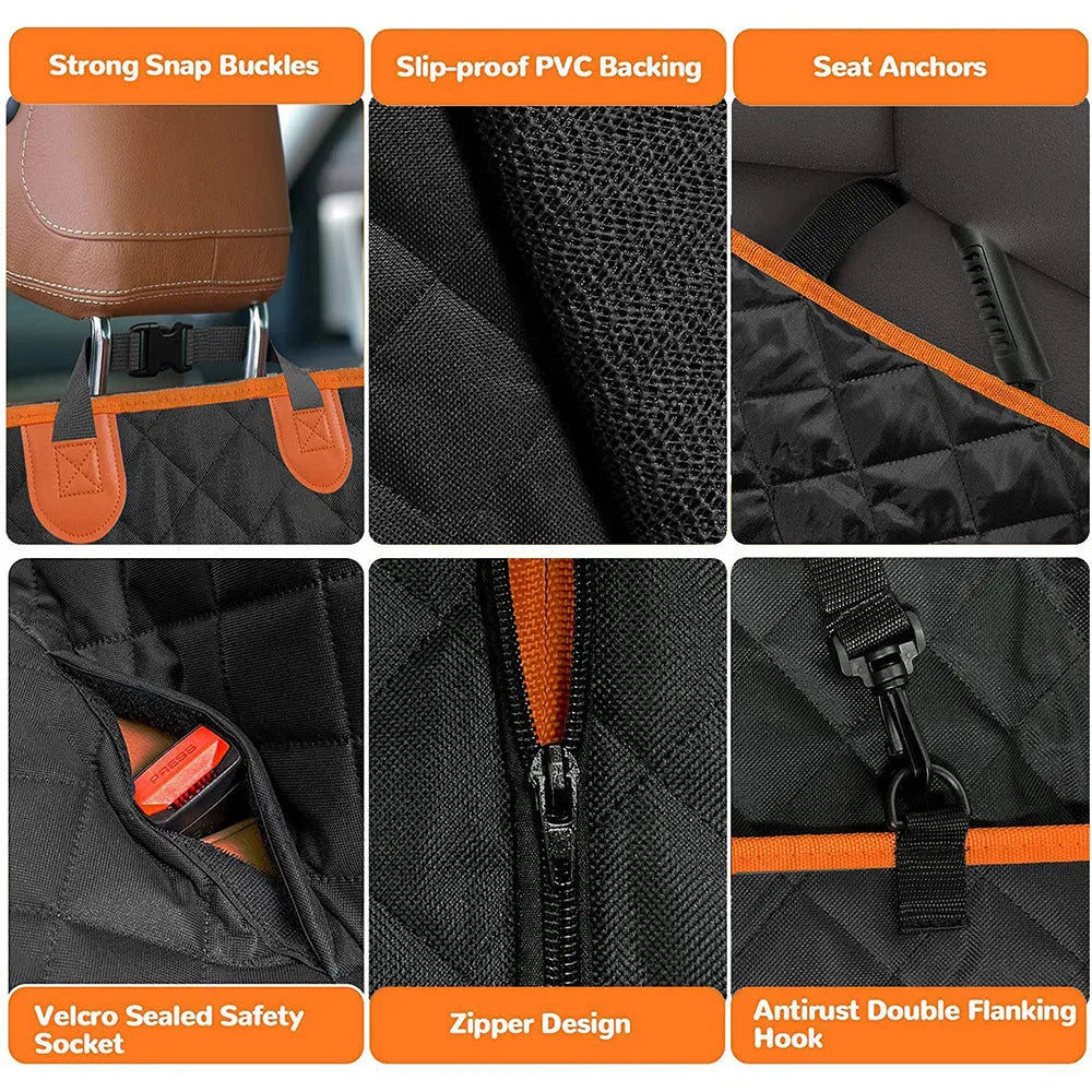 Black waterproof dog car seat cover with orange edging and mesh window installed on vehicle rear seats