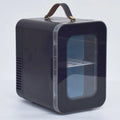 Pink dual-use mini refrigerator with transparent door showing 6L capacity for car and home cooling and heating