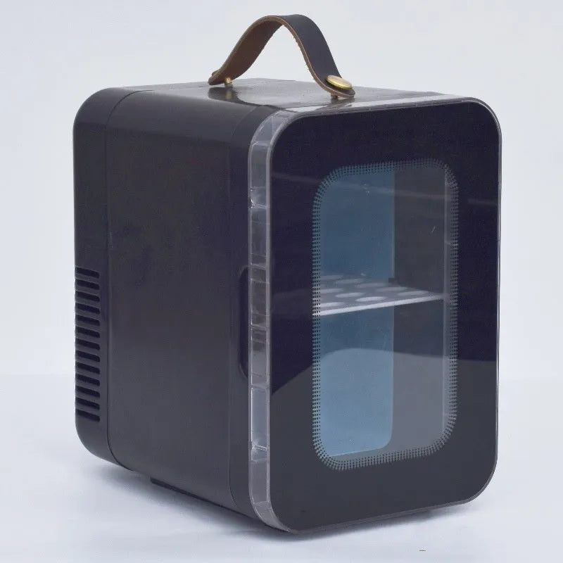 Pink dual-use mini refrigerator with transparent door showing 6L capacity for car and home cooling and heating