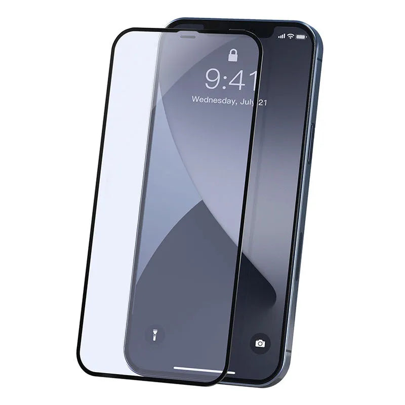 Black 0.23mm tempered glass screen protector for iPhone 12 mini with curved edges and anti-blue light filter