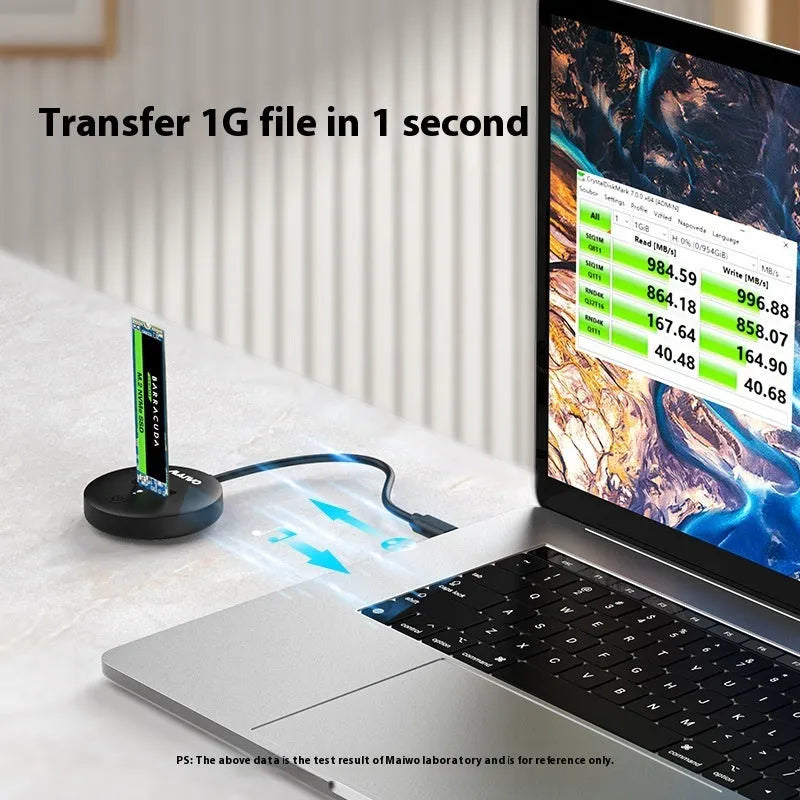 Black external hard disk enclosure for solid state drives with USB Type-C port
