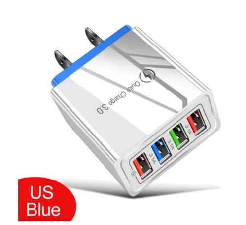 Luminous 4-port USB mobile phone charger in dark blue with EU plug, showing glowing indicator lights.