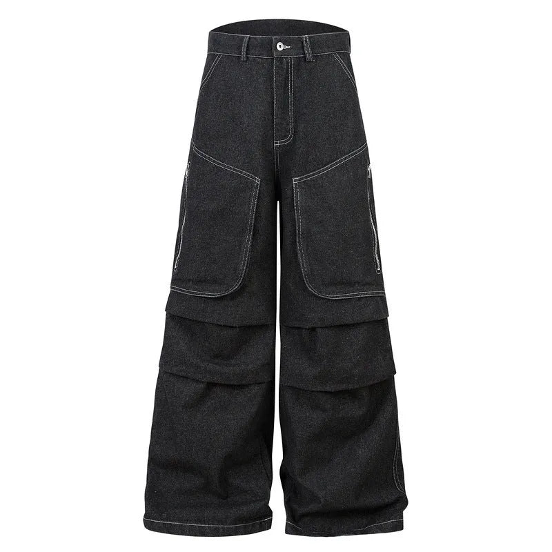 Black multi-pocket pleated workwear jeans with mid-waist fit and trousers length