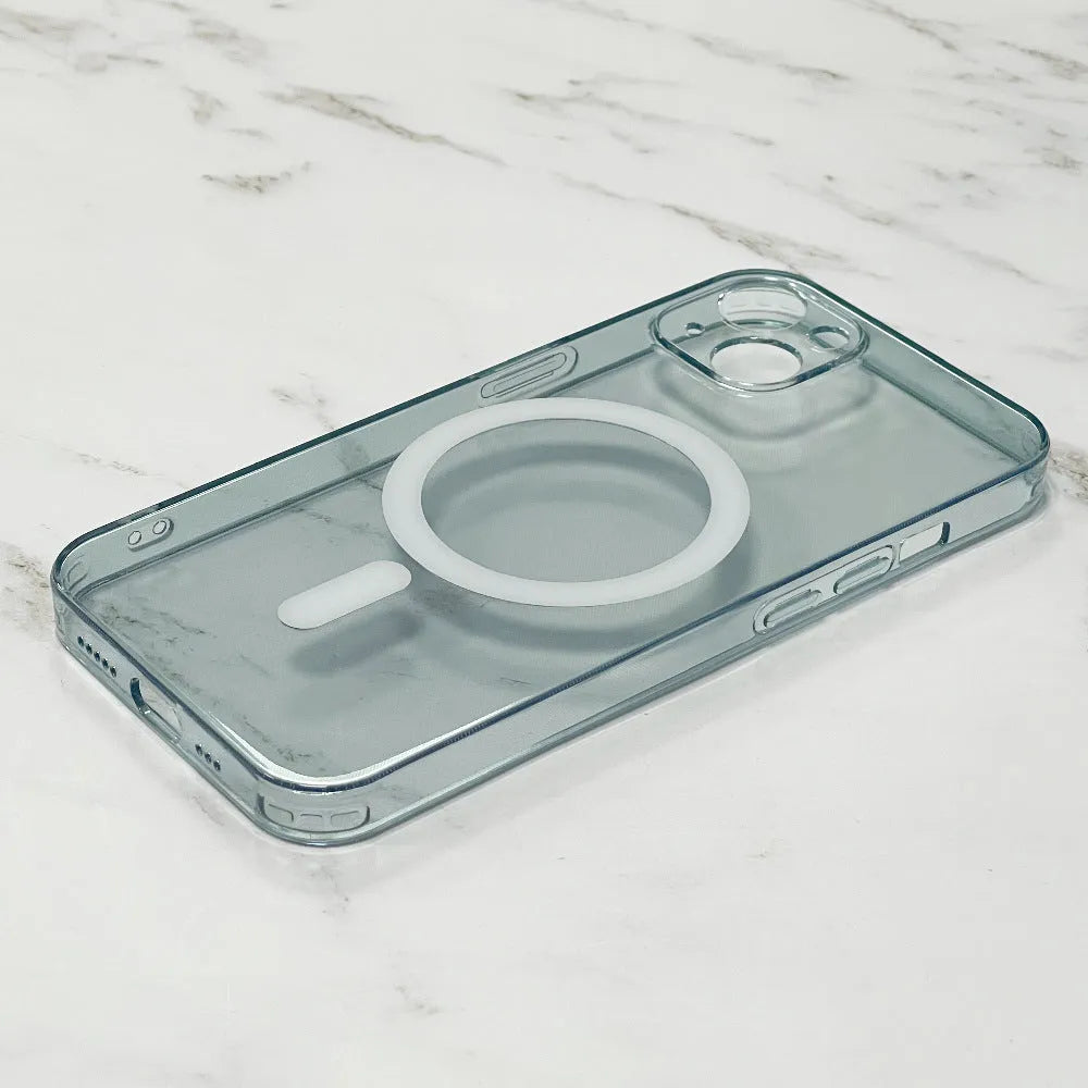 Transparent magnetic MagSafe iPhone case with tempered glass back, TPU frame, and 38 fan-shaped magnets