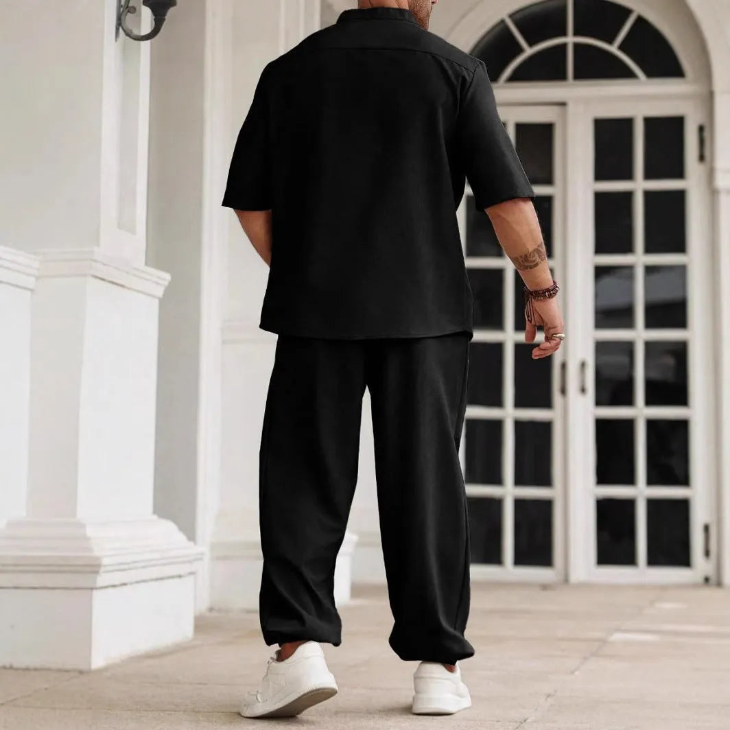Men's apricot coloured cotton linen casual short-sleeve shirt and long trousers set laid flat