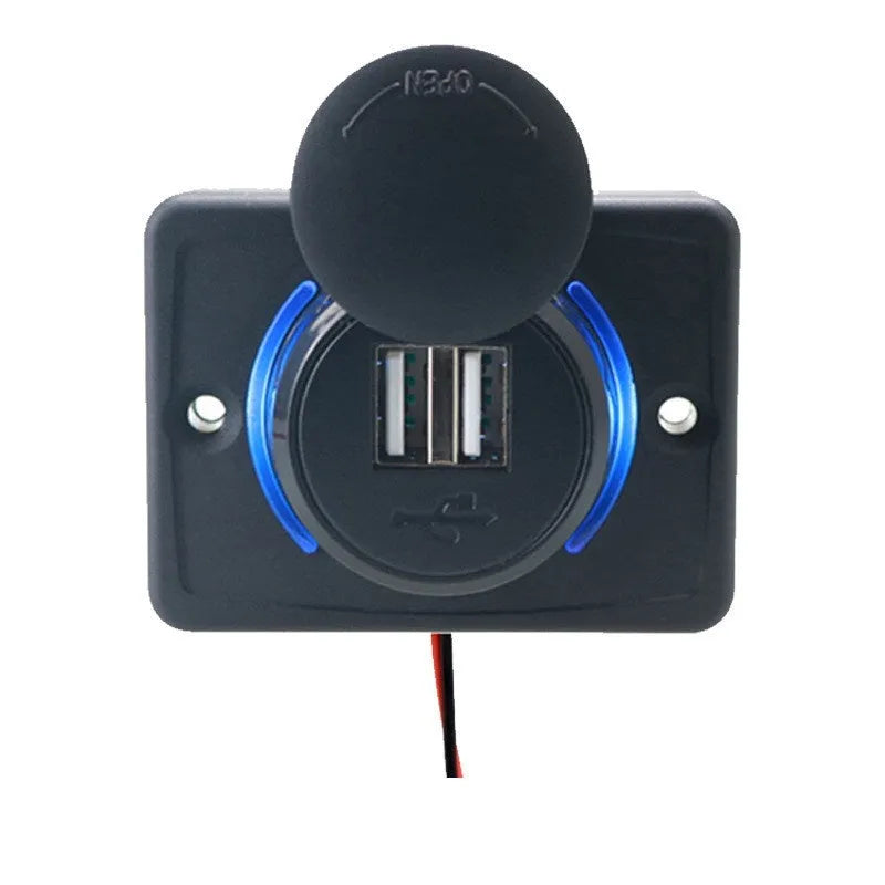 Black 12V dual USB car charger for vehicle installation with mounting screws