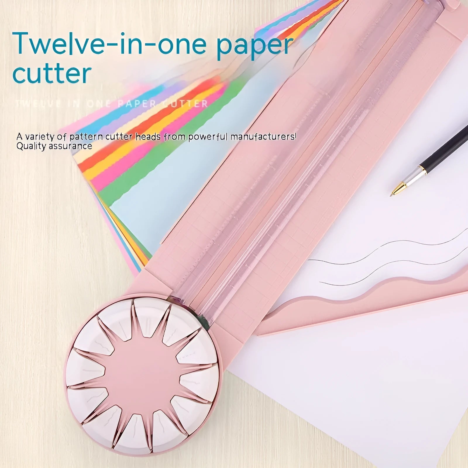 Pink plastic paper cutting machine with dotted alignment guides and 12 cutting patterns