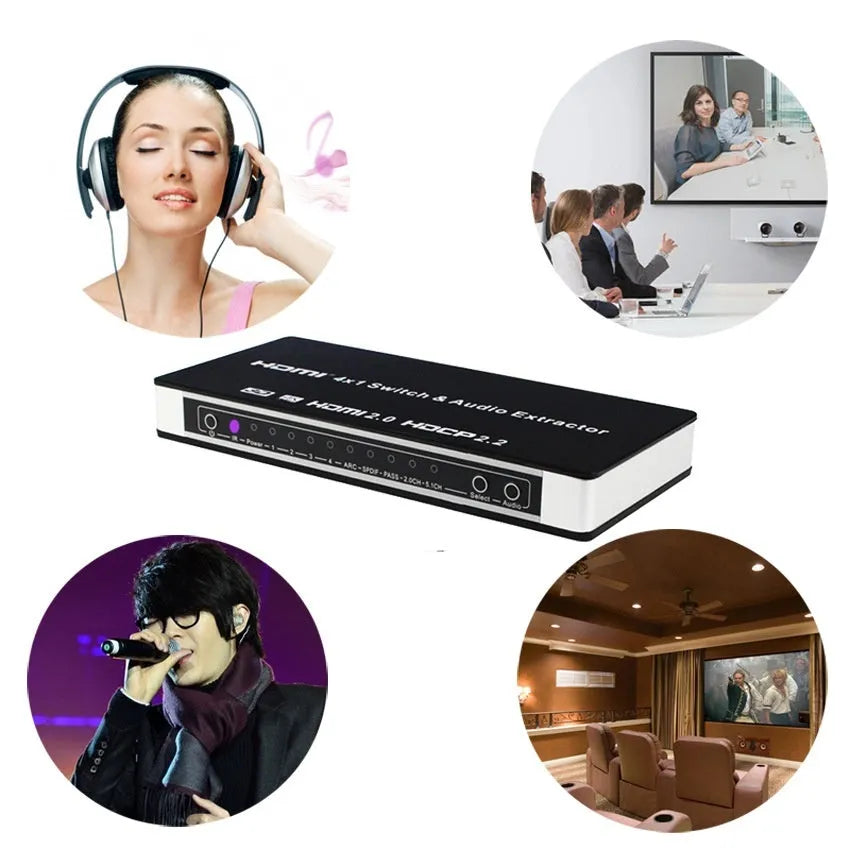 Black 4-input 1-output HDMI audio video switch with remote control on a table.