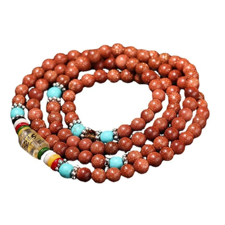 Golden star stone Six Words Mantra bracelet with 108 nugget sand beads and fu character charms