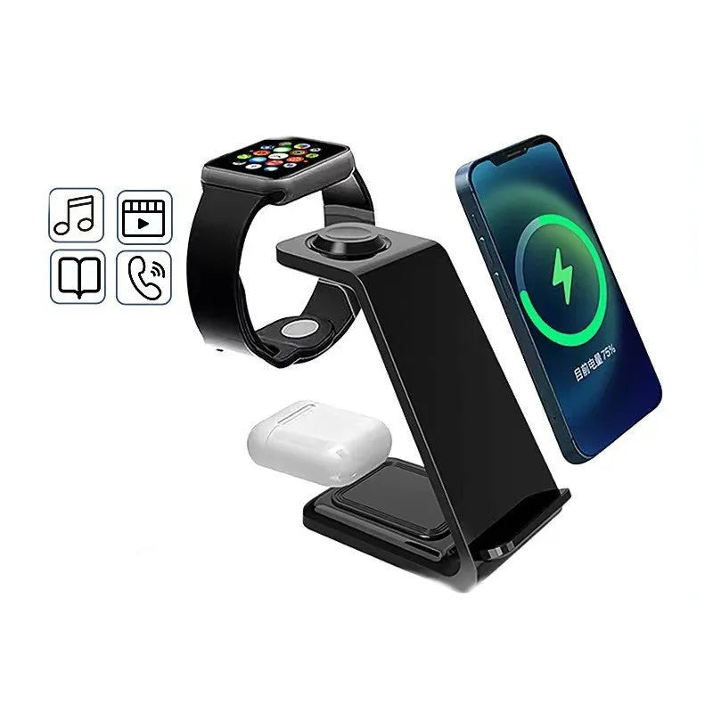 3-in-1 upright wireless charging phone stand in black or white with dual coil technology and QC3.0 fast charging