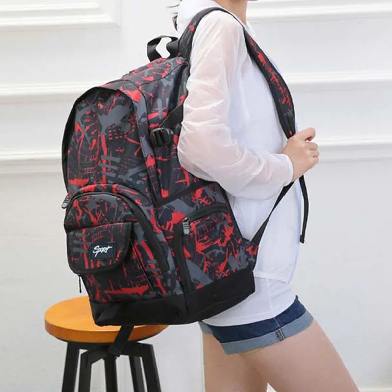 Classic blue nylon backpack with large capacity and multiple compartments