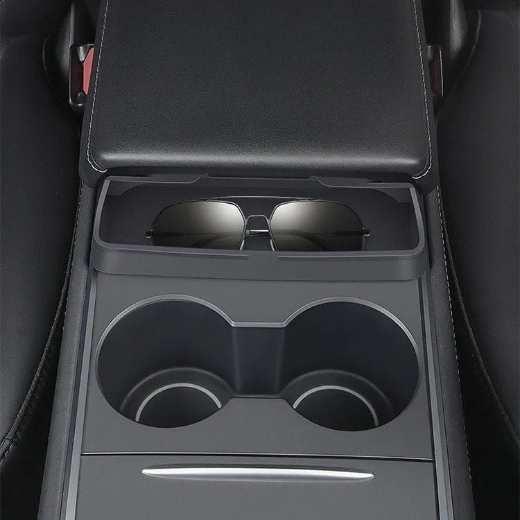 Black silicone Tesla Model 3 and Model Y central armrest glasses case for interior organisation