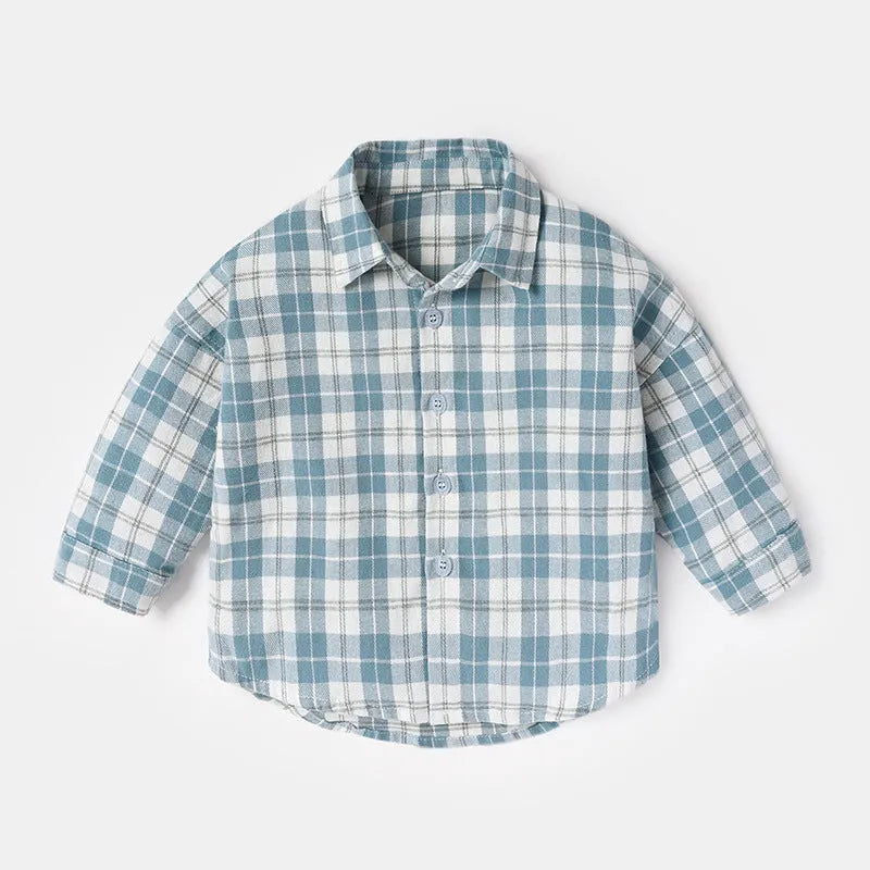 Boys' cotton lattice shirt with animal cartoon patterns in khaki, light blue, pink, and yellow colours