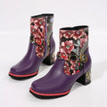 Women's printed stitching ankle booties with thick rubber sole and front lace-up, in purple or blue