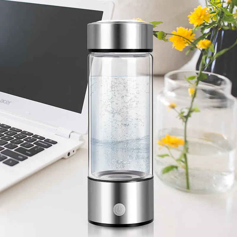 Hydrogen water bottle with electric generator in silver colour, borosilicate glass, 401-500ml capacity