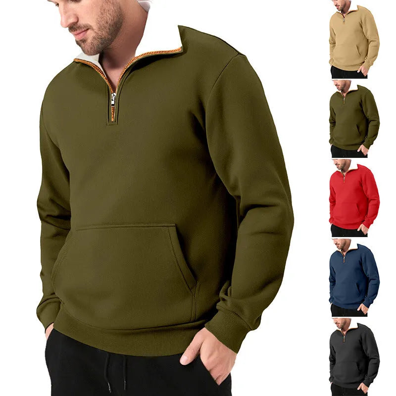 Men's colour-block zip knit sweater, short sleeve polyester fleece pullover, casual spring top