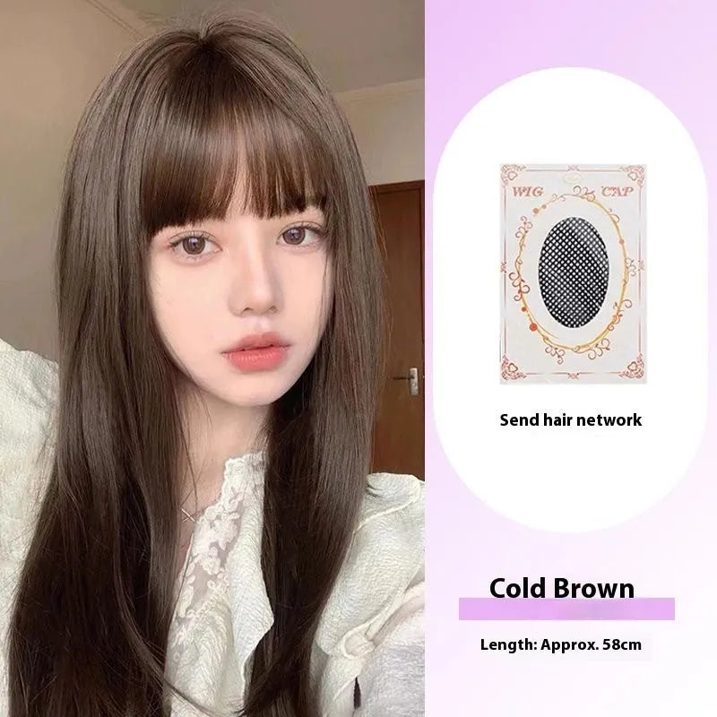Long straight synthetic wig with bangs in brown black colour showing medium parting style
