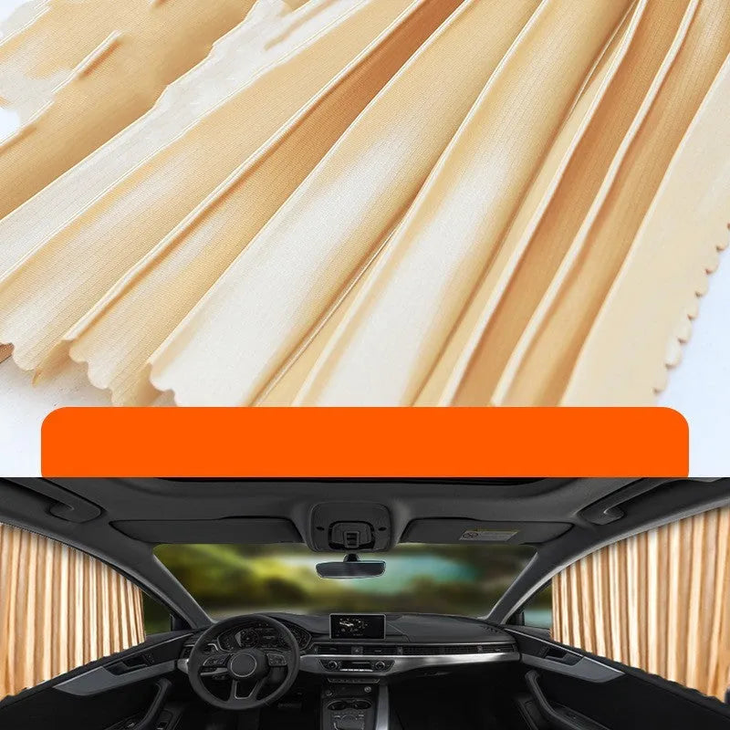Retractable car sun curtain in opaque cloth extended across vehicle window
