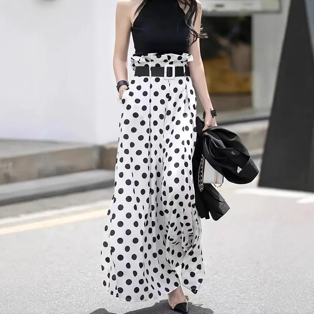 Women's white bohemian ruffled wide-leg pants with patterned bell-bottom design, polyester, casual Japanese Korean style