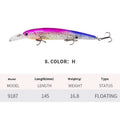145mm deep diving long tongue plate floating minnow lure in colour options A through J for light sea water fishing