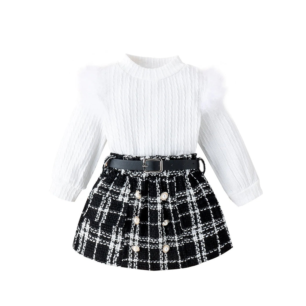 White girls three-piece suit with furry cotton top, woolen skirt and belt for autumn winter