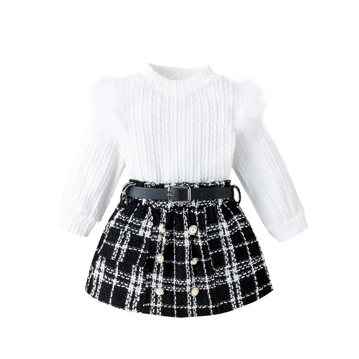 White girls three-piece suit with furry cotton top, woolen skirt and belt for autumn winter