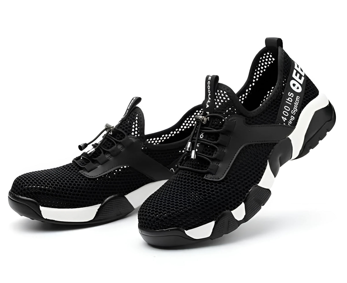 Black breathable mesh work safety shoes with rubber sole, sizes 35 to 48