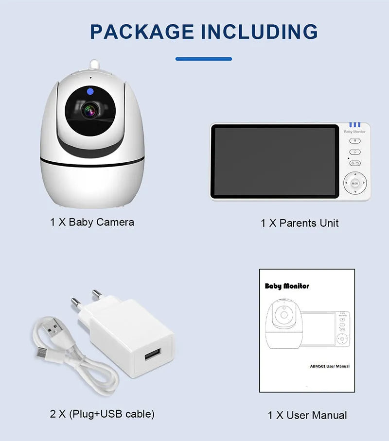White ABM501 HD wireless baby monitor with 5-inch screen on a table.