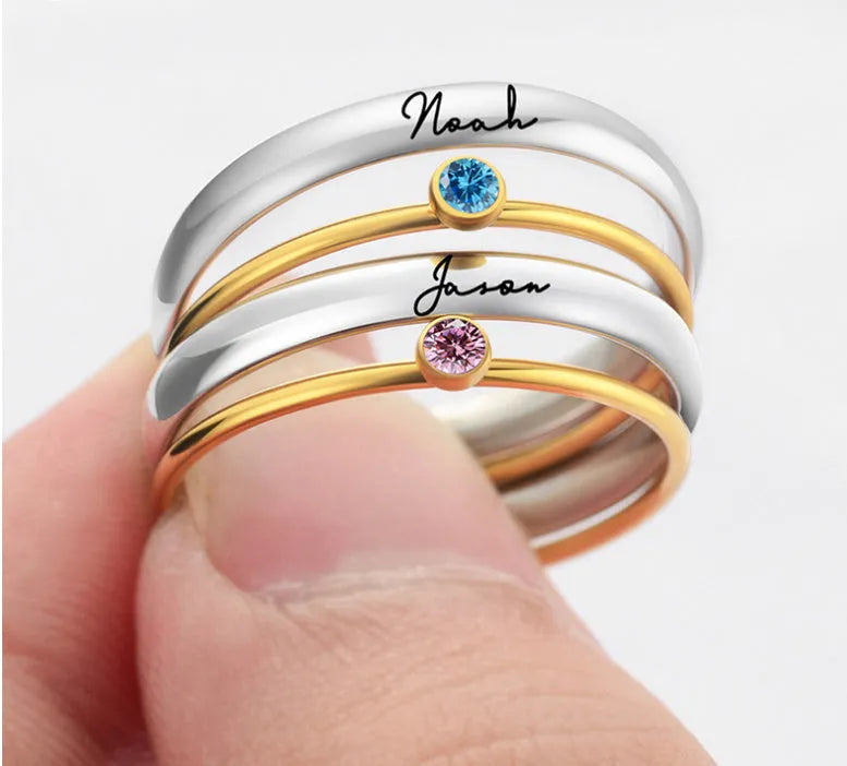 December birthstone titanium steel ring with engraved geometric design and gold accents