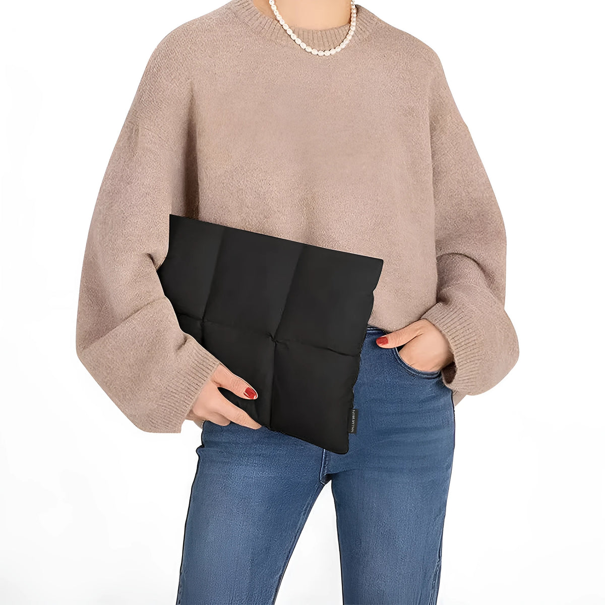 Soft fluffy polyester laptop sleeve in black with retro sewing thread detailing for 13-15.6 inch devices