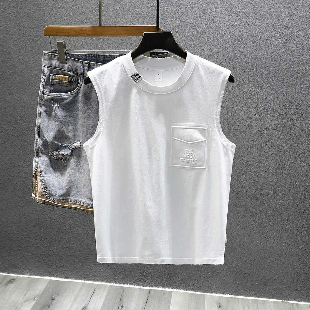 Cotton sleeveless fitness t-shirt in solid black colour showing loose fit and straight hem design