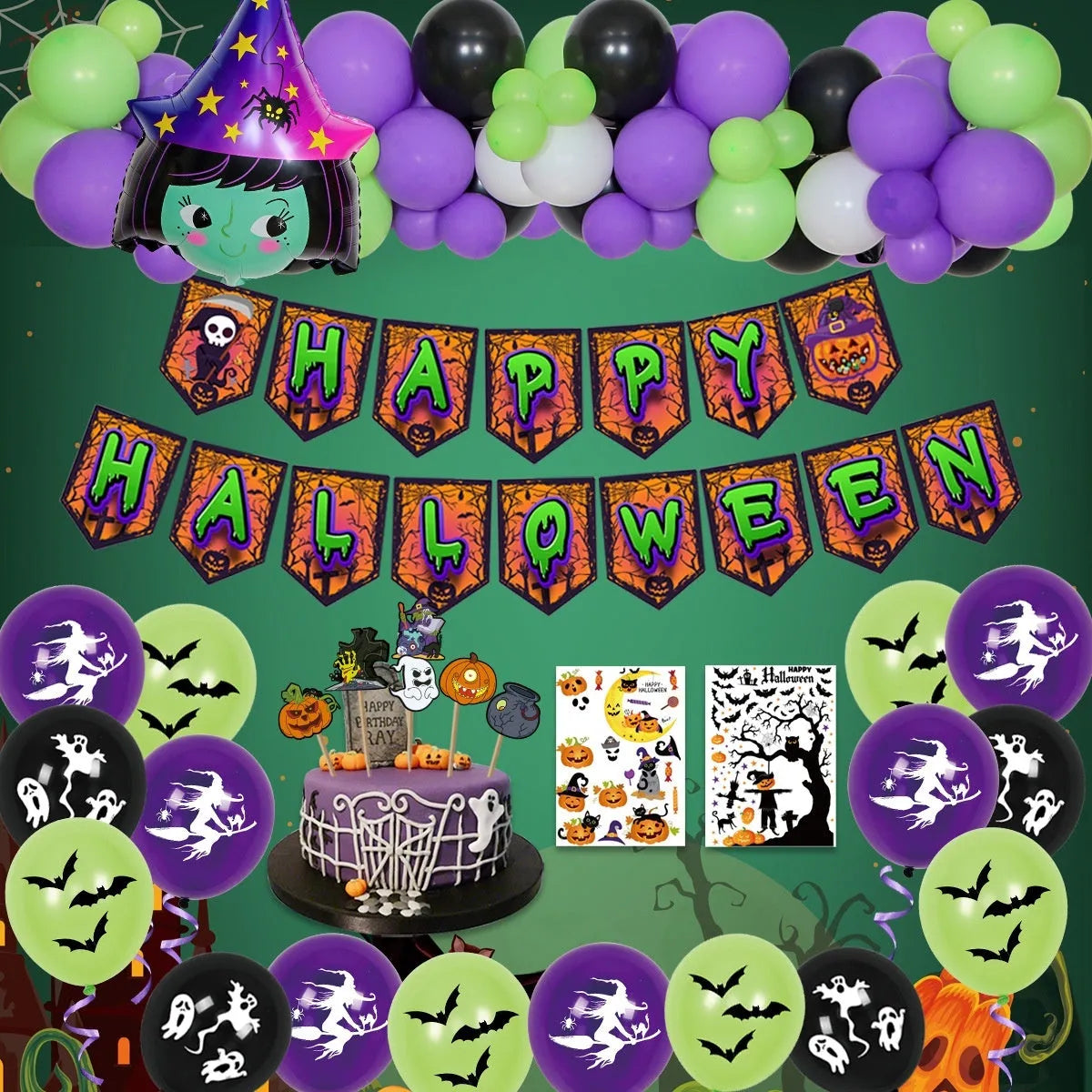 Halloween spider balloon arch decoration set with white and black latex balloons