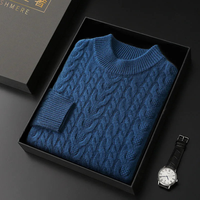 Men's wool sweater with half turtleneck and cable knit in navy blue, beige, or camel, fitted pullover, sizes S-XXXL