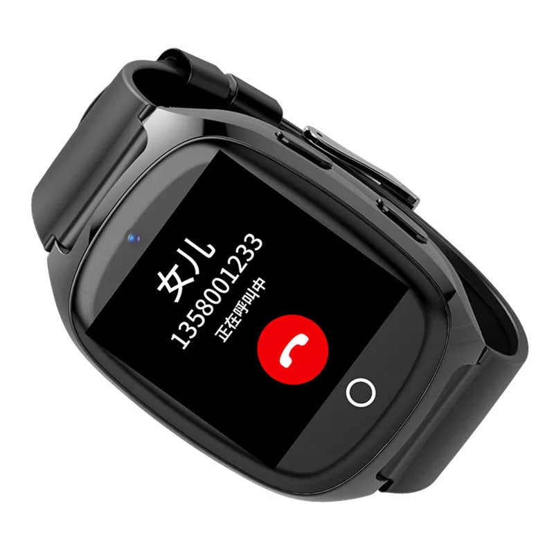 Black GPS smartwatch with touch screen showing SOS alarm and health monitoring functions