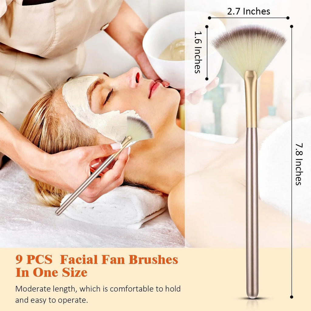 10 professional facial fan brushes with champagne handles and protective covers for makeup and skincare