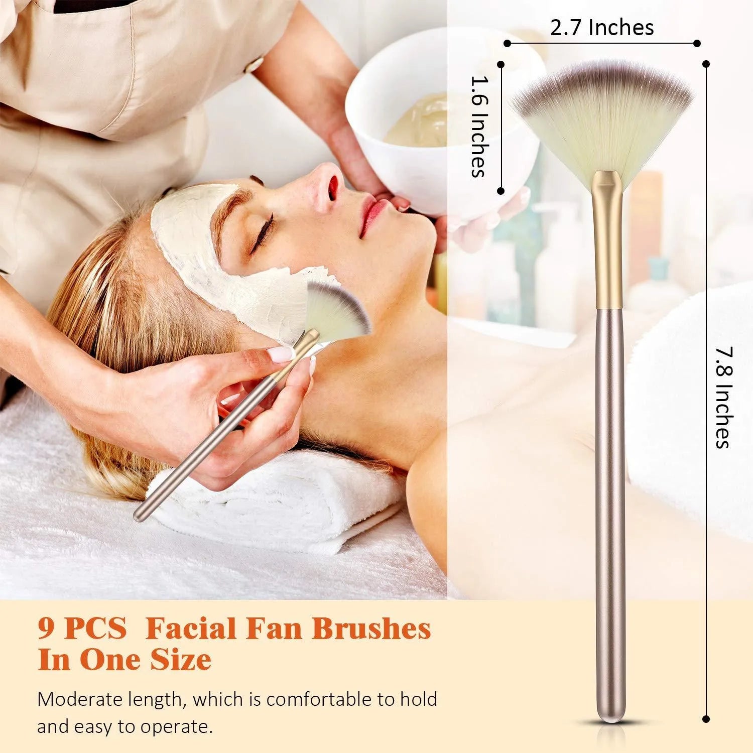 10 professional facial fan brushes with champagne handles and protective covers for makeup and skincare