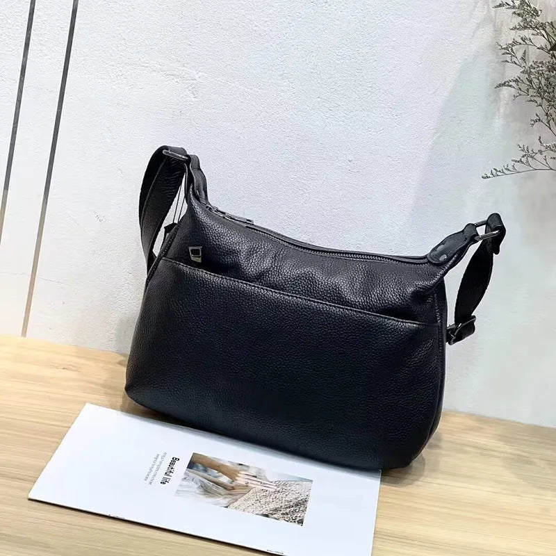 Large capacity genuine leather shoulder underarm crossbody bag with soft horizontal square shape and polyester lining