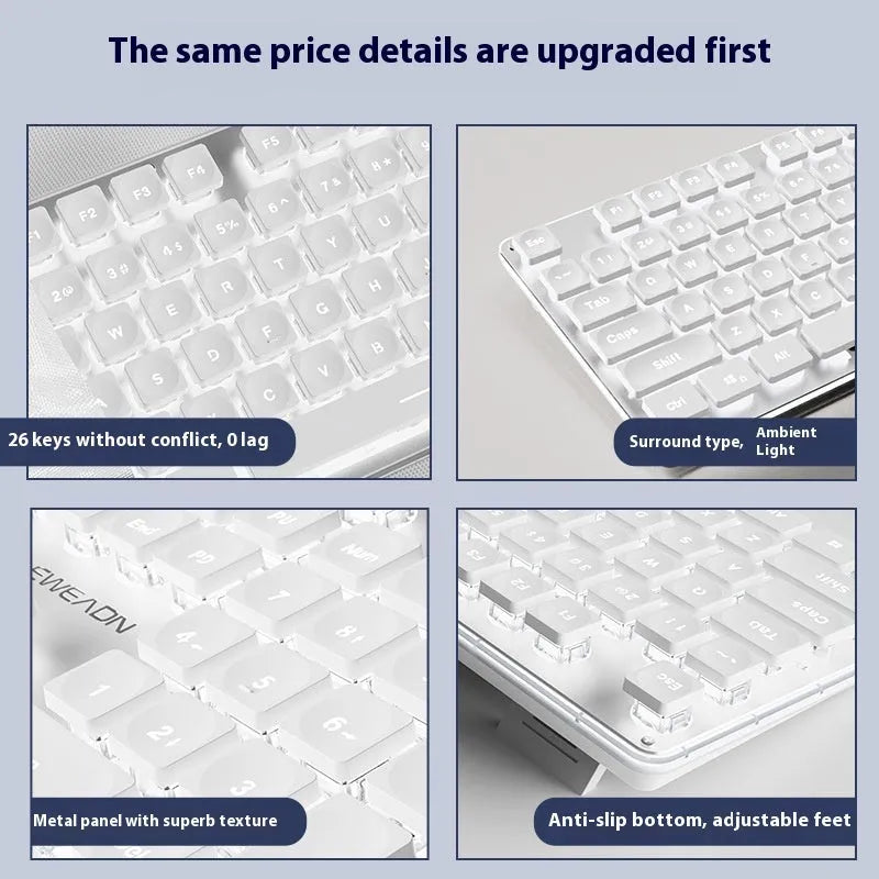 Wired mechanical feel keyboard with silent buttons showing LED lighting options and ABS construction