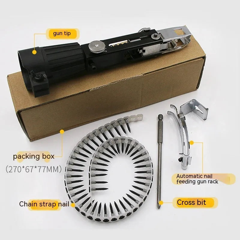 Automatic nail gun chain screw gun head kit with metal gun head and accessories