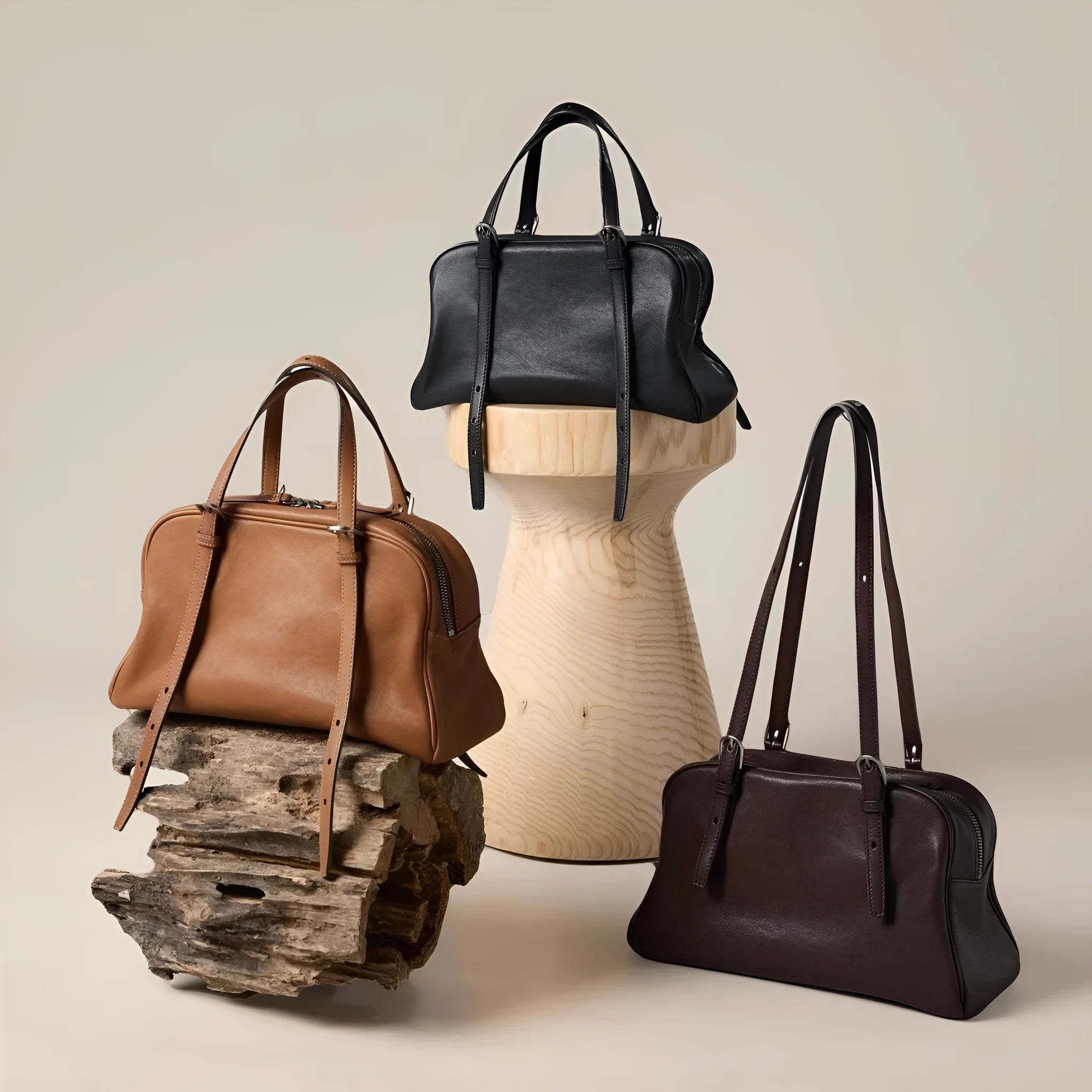 Women's retro style genuine leather shoulder bag in horizontal square shape with double straps