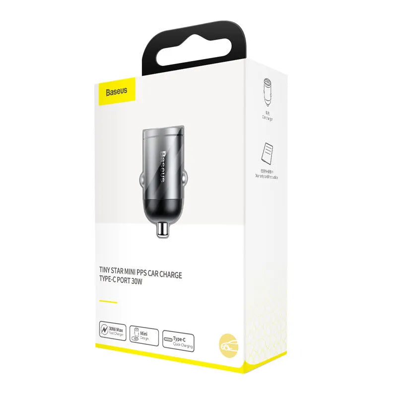 Baseus electro-optical grey 30W PPS fast charge mini car charger with 1 metre cable